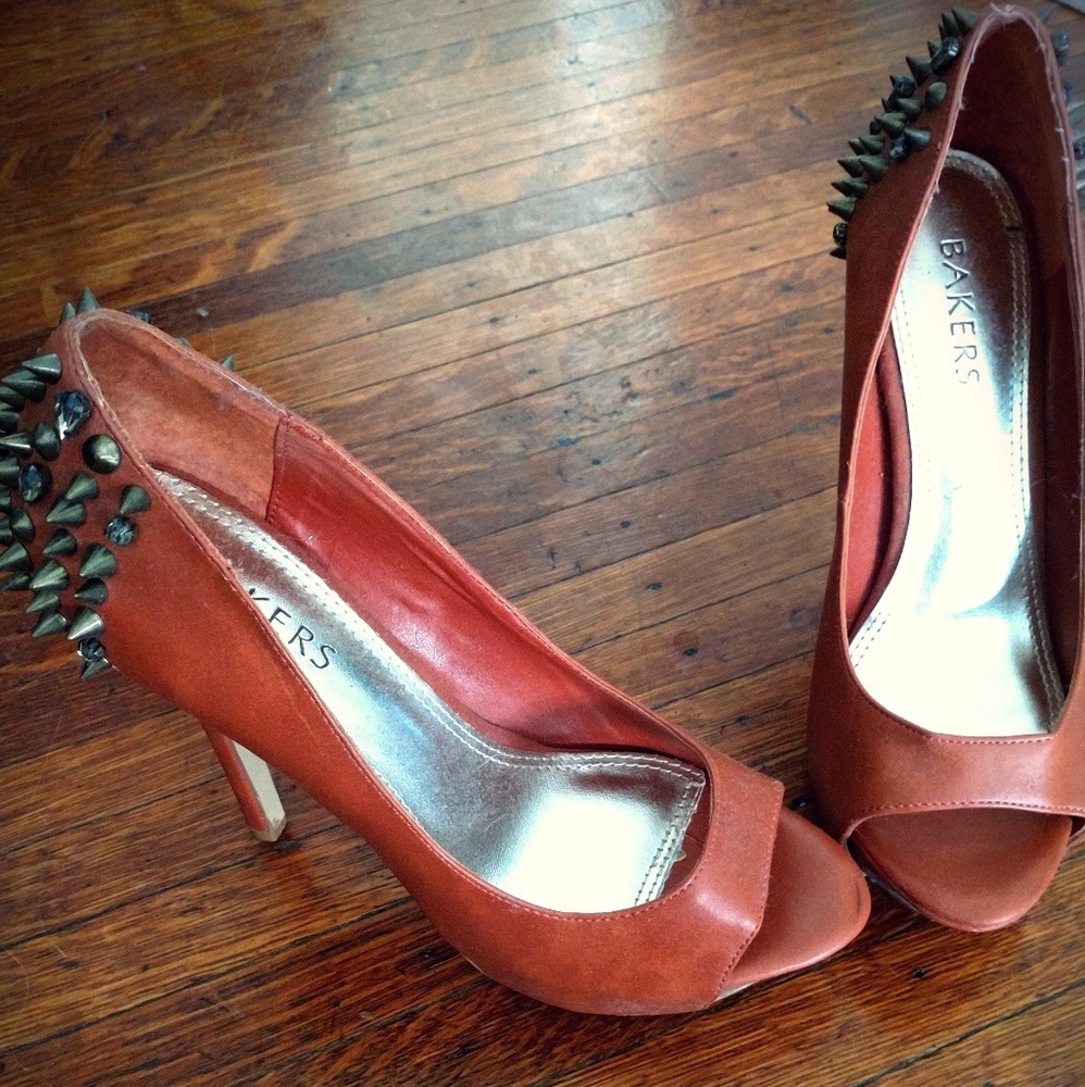 Studed back peep toe heels